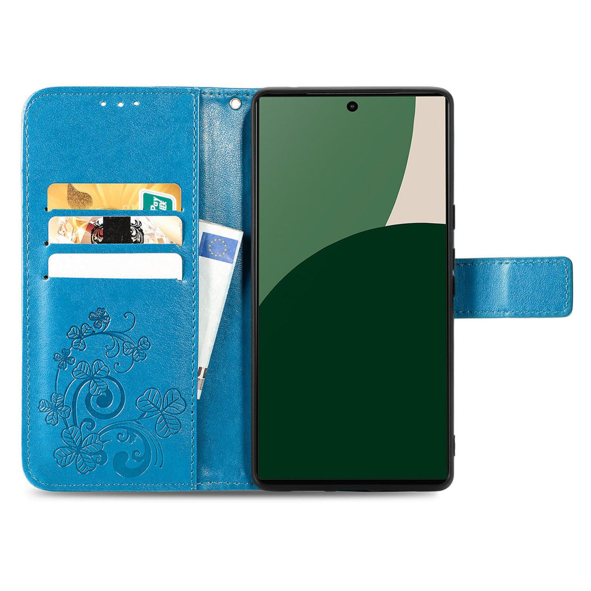 For iPhone 18 Pro Four-leaf Clasp Embossed Buckle Leather Phone Case - Blue - SYA002244405C