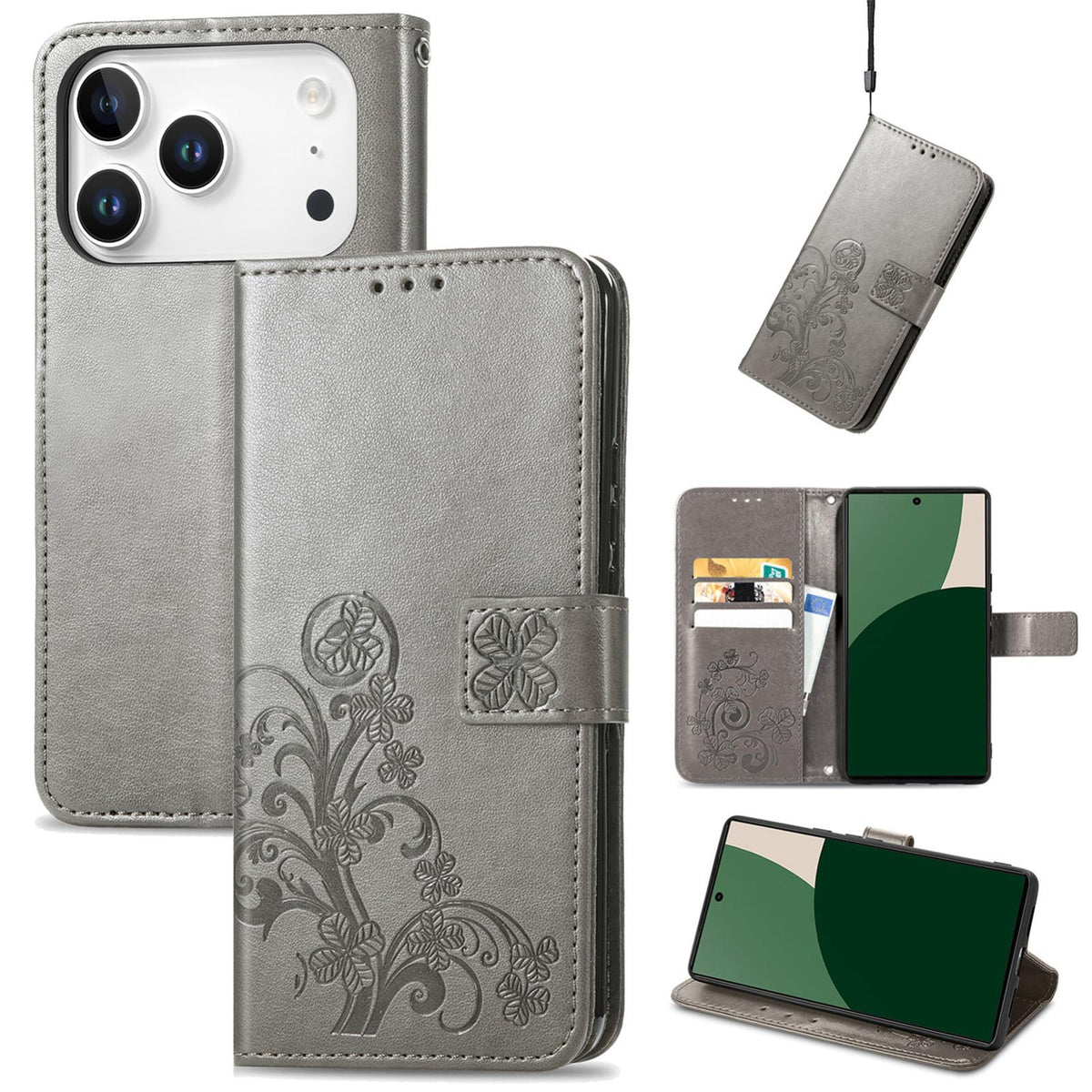For iPhone 18 Pro Four-leaf Clasp Embossed Buckle Leather Phone Case - Gray - SYA002244405D