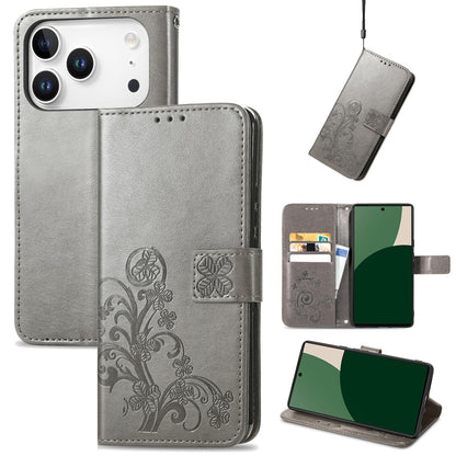 For iPhone 18 Pro Four-leaf Clasp Embossed Buckle Leather Phone Case - Gray - SYA002244405D