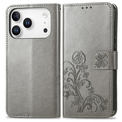 For iPhone 18 Pro Four-leaf Clasp Embossed Buckle Leather Phone Case - Gray - SYA002244405D