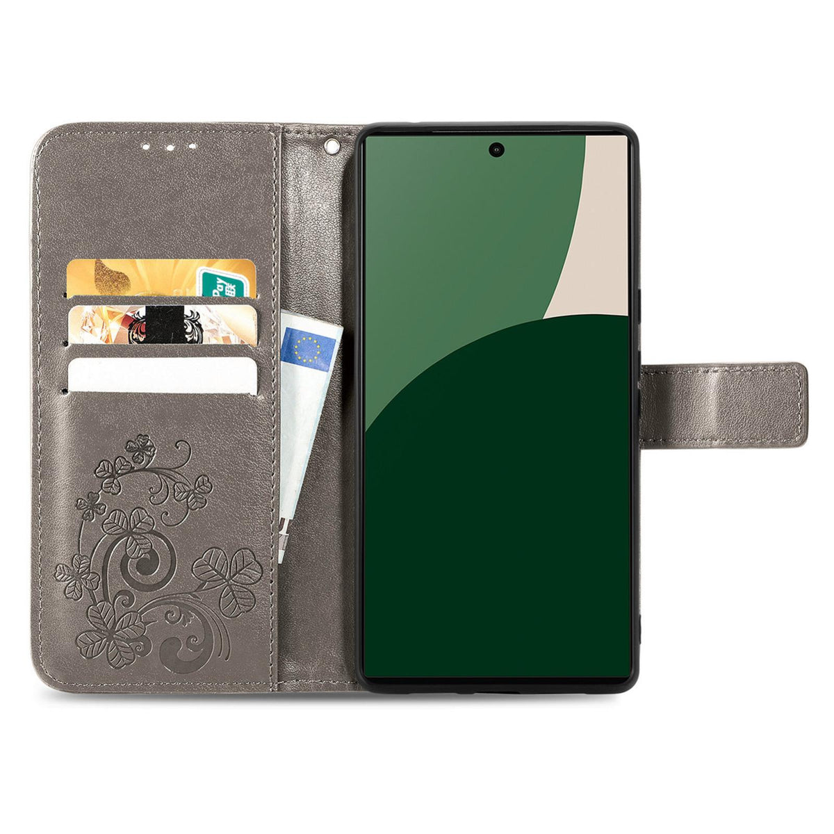 For iPhone 18 Pro Four-leaf Clasp Embossed Buckle Leather Phone Case - Gray - SYA002244405D