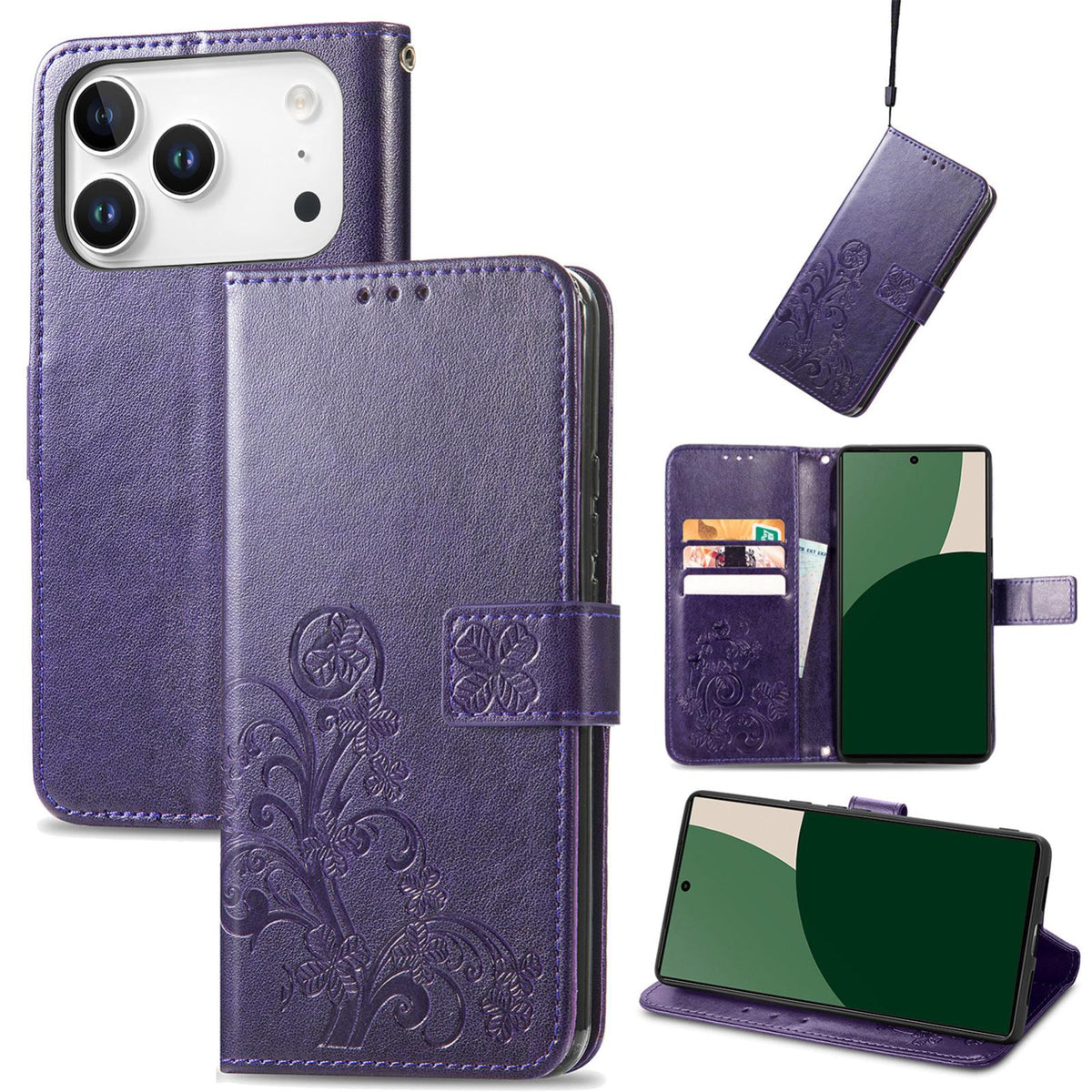 For iPhone 18 Pro Four-leaf Clasp Embossed Buckle Leather Phone Case - Purple - SYA002244405E