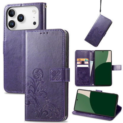 For iPhone 18 Pro Four-leaf Clasp Embossed Buckle Leather Phone Case - Purple - SYA002244405E