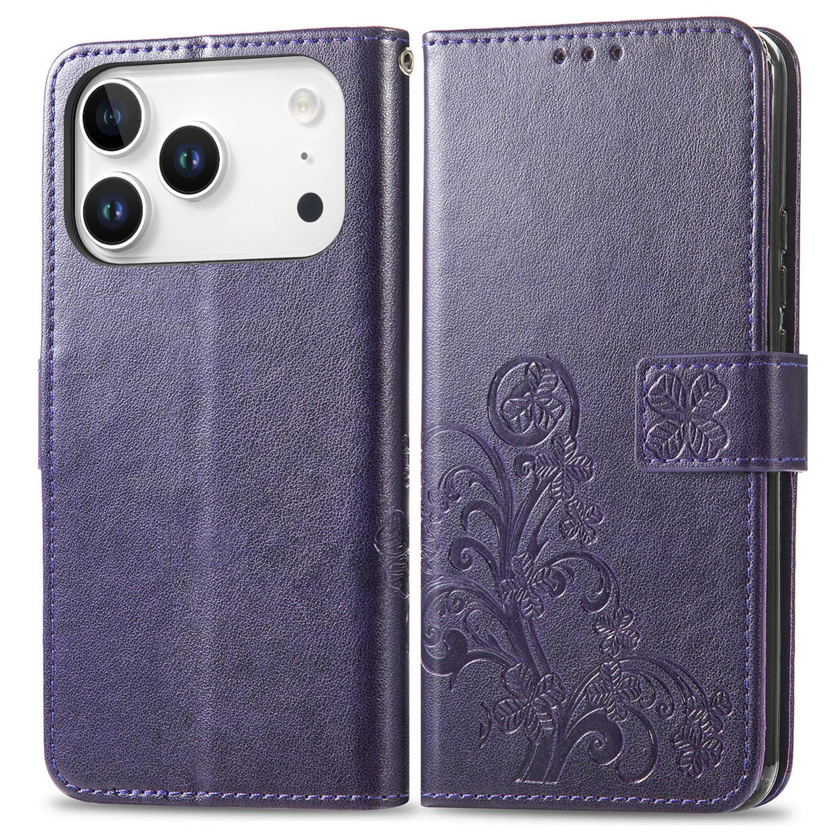 For iPhone 18 Pro Four-leaf Clasp Embossed Buckle Leather Phone Case - Purple - SYA002244405E