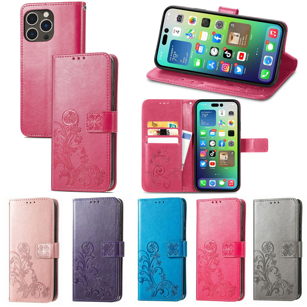 For iPhone 18 Pro Four-leaf Clasp Embossed Buckle Leather Phone Case - Magengta - SYA002244405A