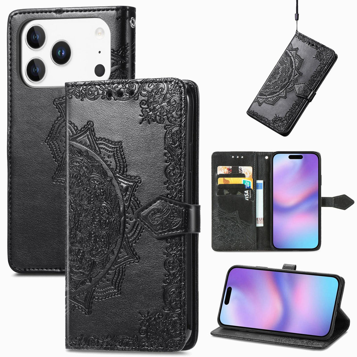 For iPhone 18 Pro Mandala Flower Embossed Leather Phone Case - Black - SYA002244509A