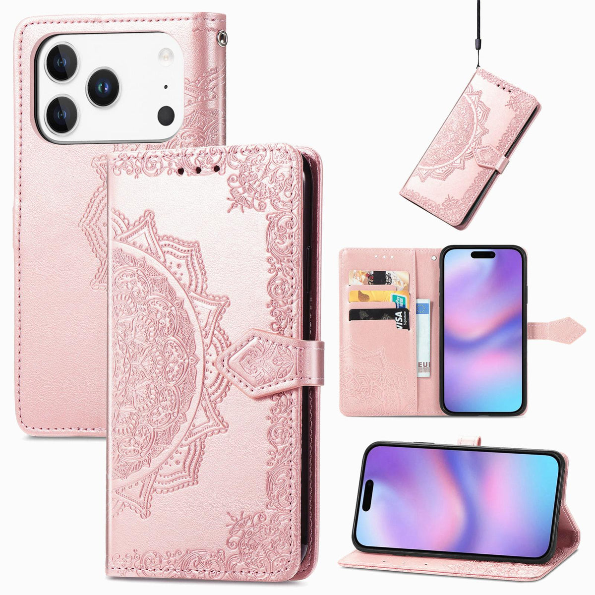 For iPhone 18 Pro Mandala Flower Embossed Leather Phone Case - Rose Gold - SYA002244509B
