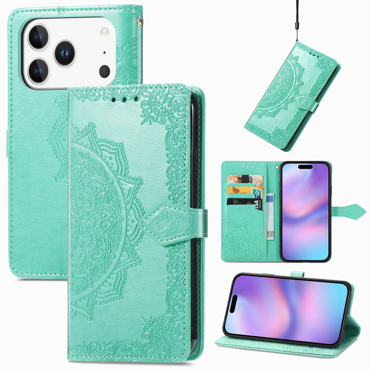 For iPhone 18 Pro Mandala Flower Embossed Leather Phone Case - Green - SYA002244509C