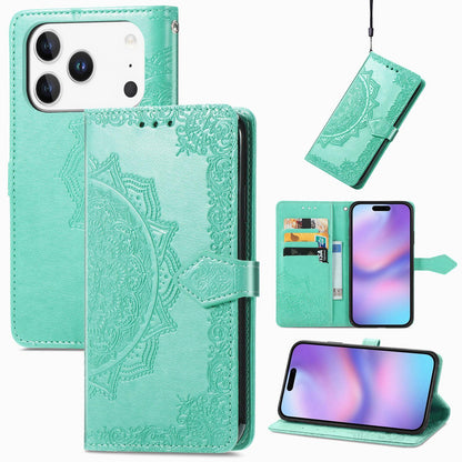 For iPhone 18 Pro Mandala Flower Embossed Leather Phone Case - Green - SYA002244509C