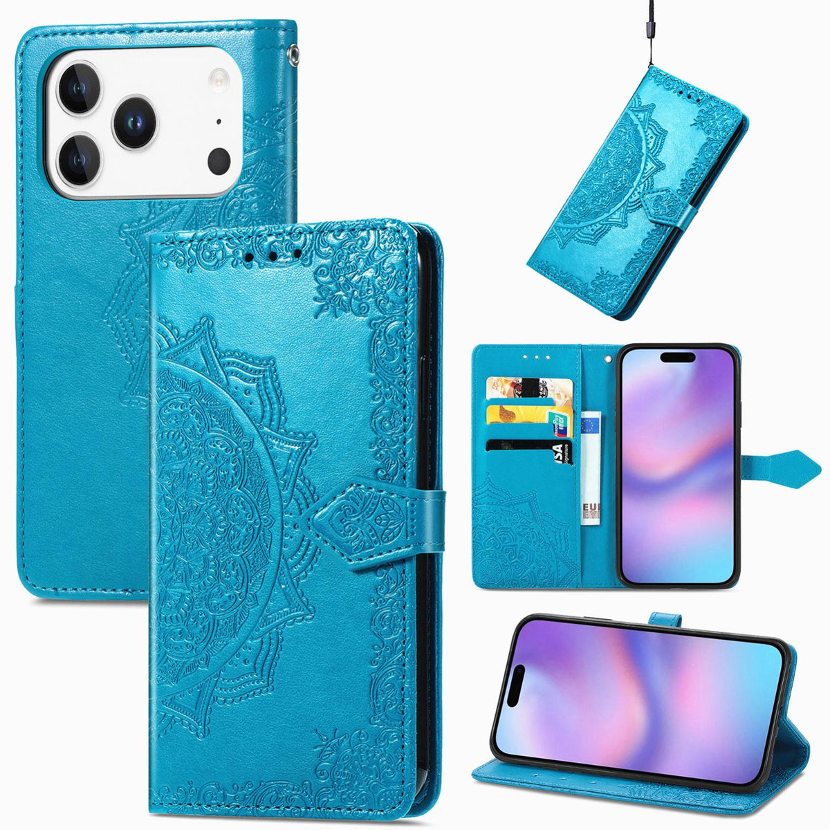 For iPhone 18 Pro Mandala Flower Embossed Leather Phone Case - Blue - SYA002244509D