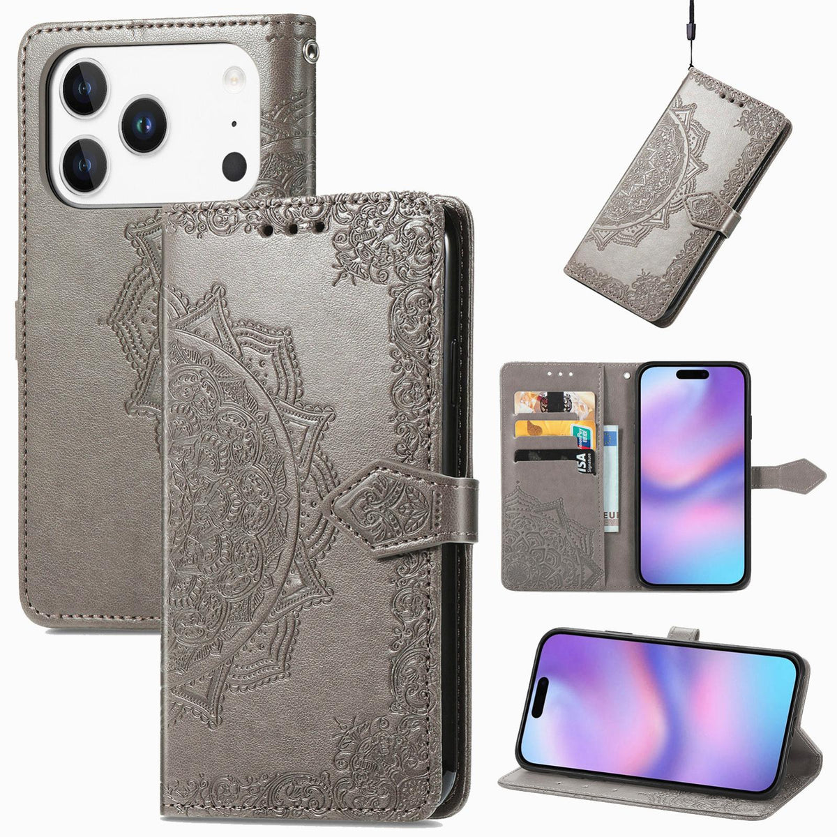 For iPhone 18 Pro Mandala Flower Embossed Leather Phone Case - Gray - SYA002244509E