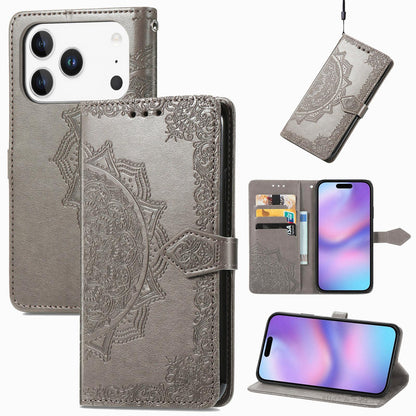 For iPhone 18 Pro Mandala Flower Embossed Leather Phone Case - Gray - SYA002244509E