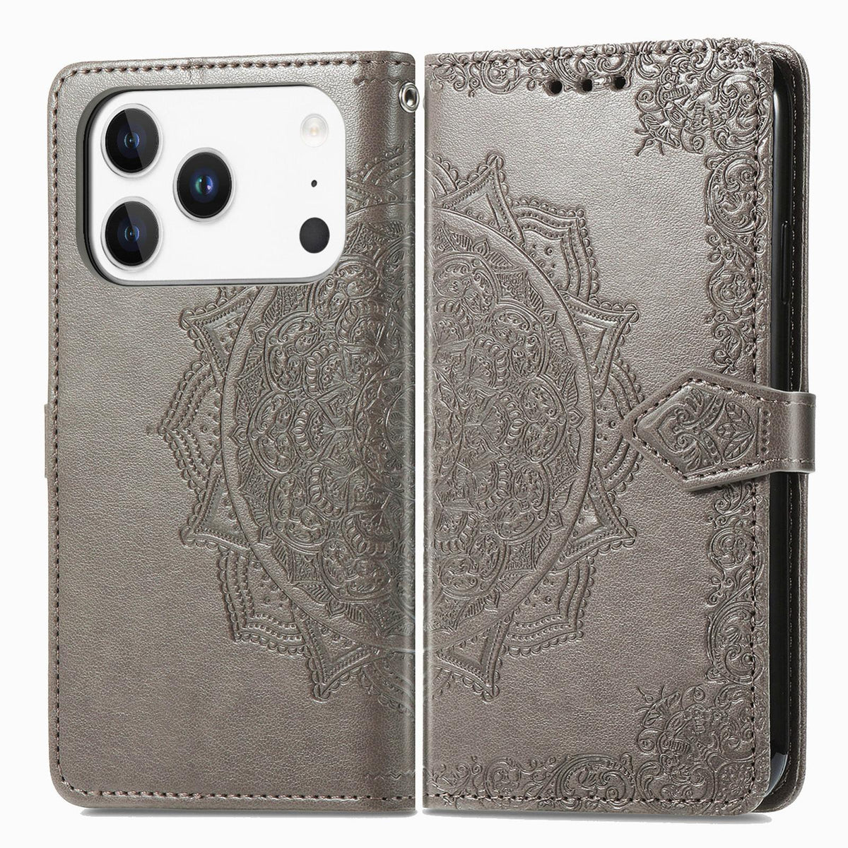 For iPhone 18 Pro Mandala Flower Embossed Leather Phone Case - Gray - SYA002244509E