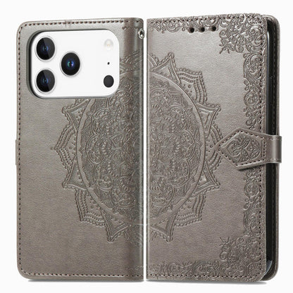 For iPhone 18 Pro Mandala Flower Embossed Leather Phone Case - Gray - SYA002244509E