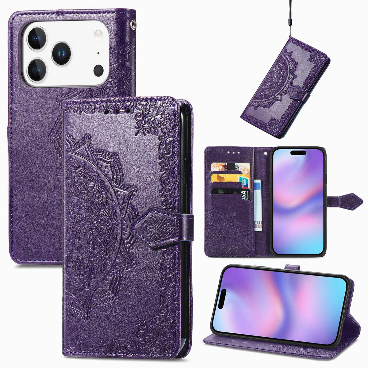For iPhone 18 Pro Mandala Flower Embossed Leather Phone Case - Purple - SYA002244509F