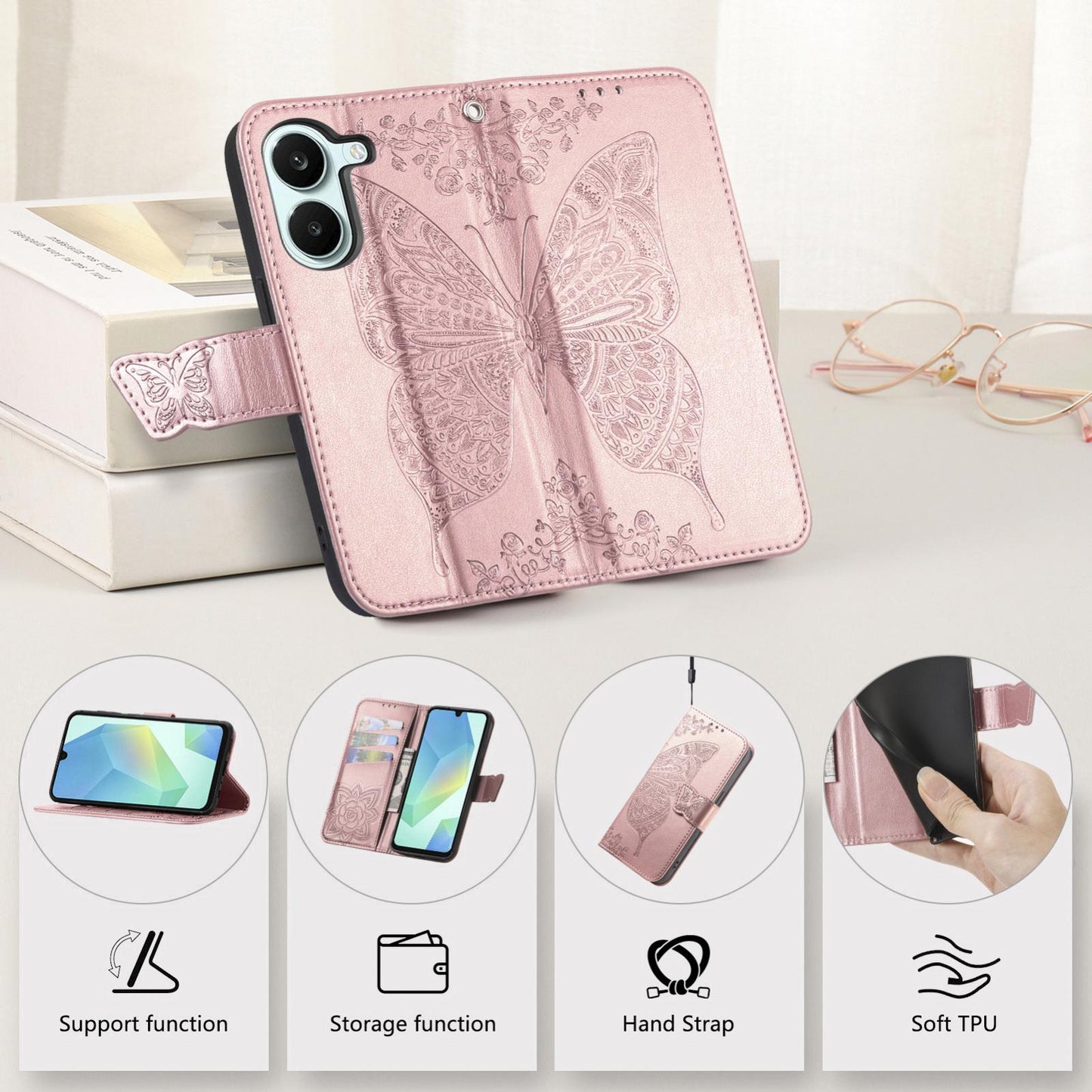 For Honor Play 80 Plus 5G Butterfly Love Flower Embossed Leather Phone Case(Rose Gold)