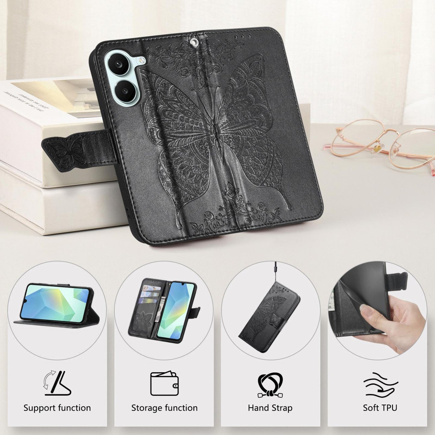 For Honor Play 80 Plus 5G Butterfly Love Flower Embossed Leather Phone Case(Black)
