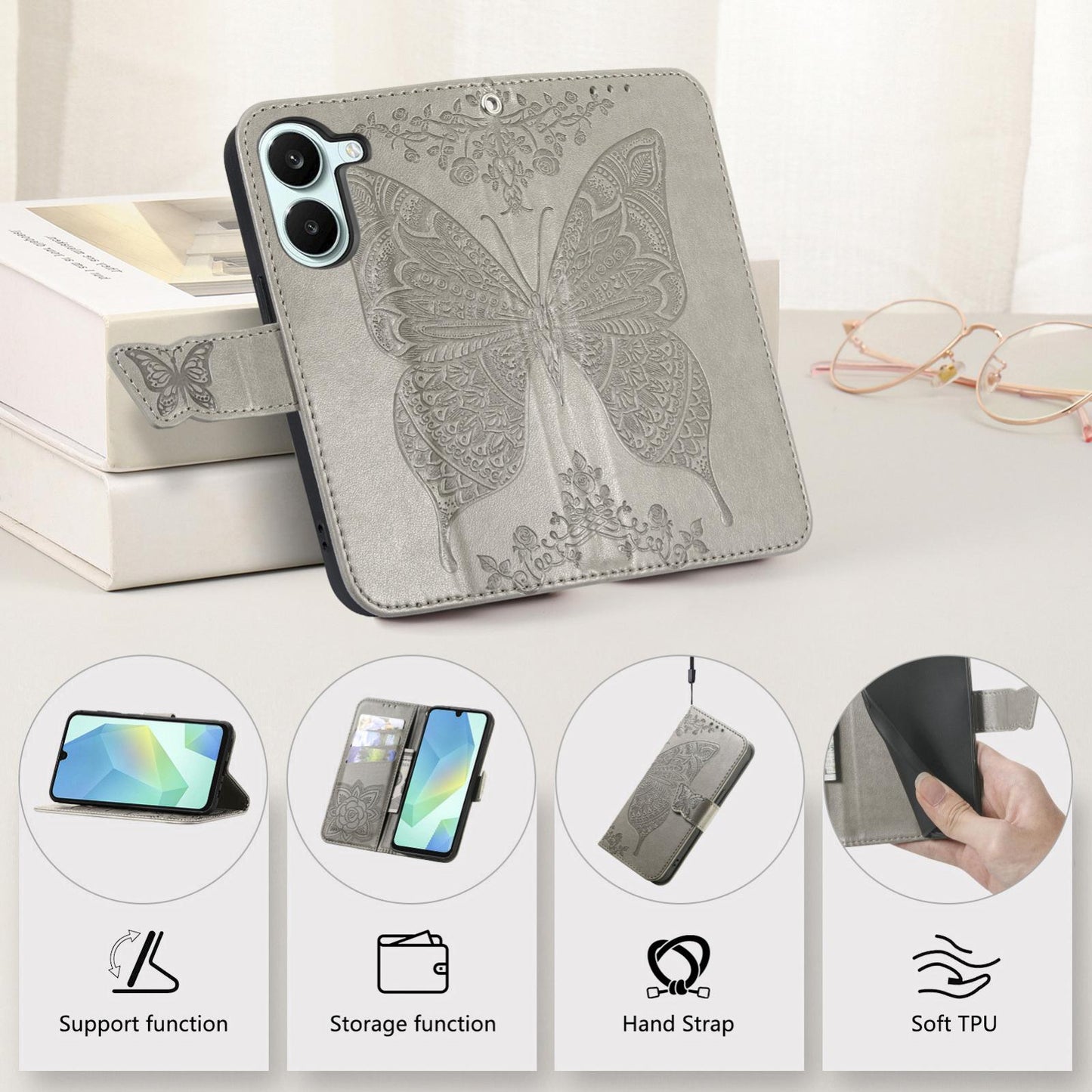For Honor Play 80 Plus 5G Butterfly Love Flower Embossed Leather Phone Case(Gray)