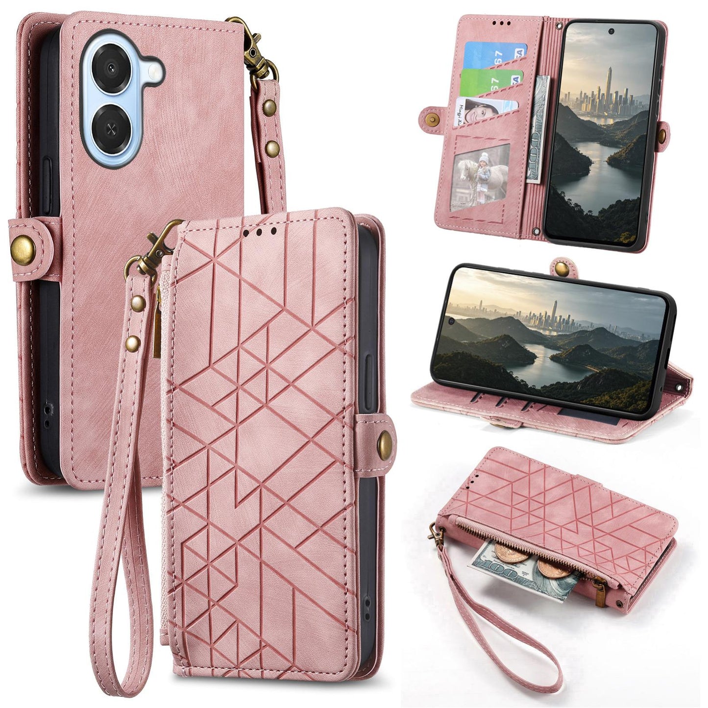 For Honor Play 80 Plus 5G Geometric Zipper Wallet Side Buckle Leather Phone Case(Pink)