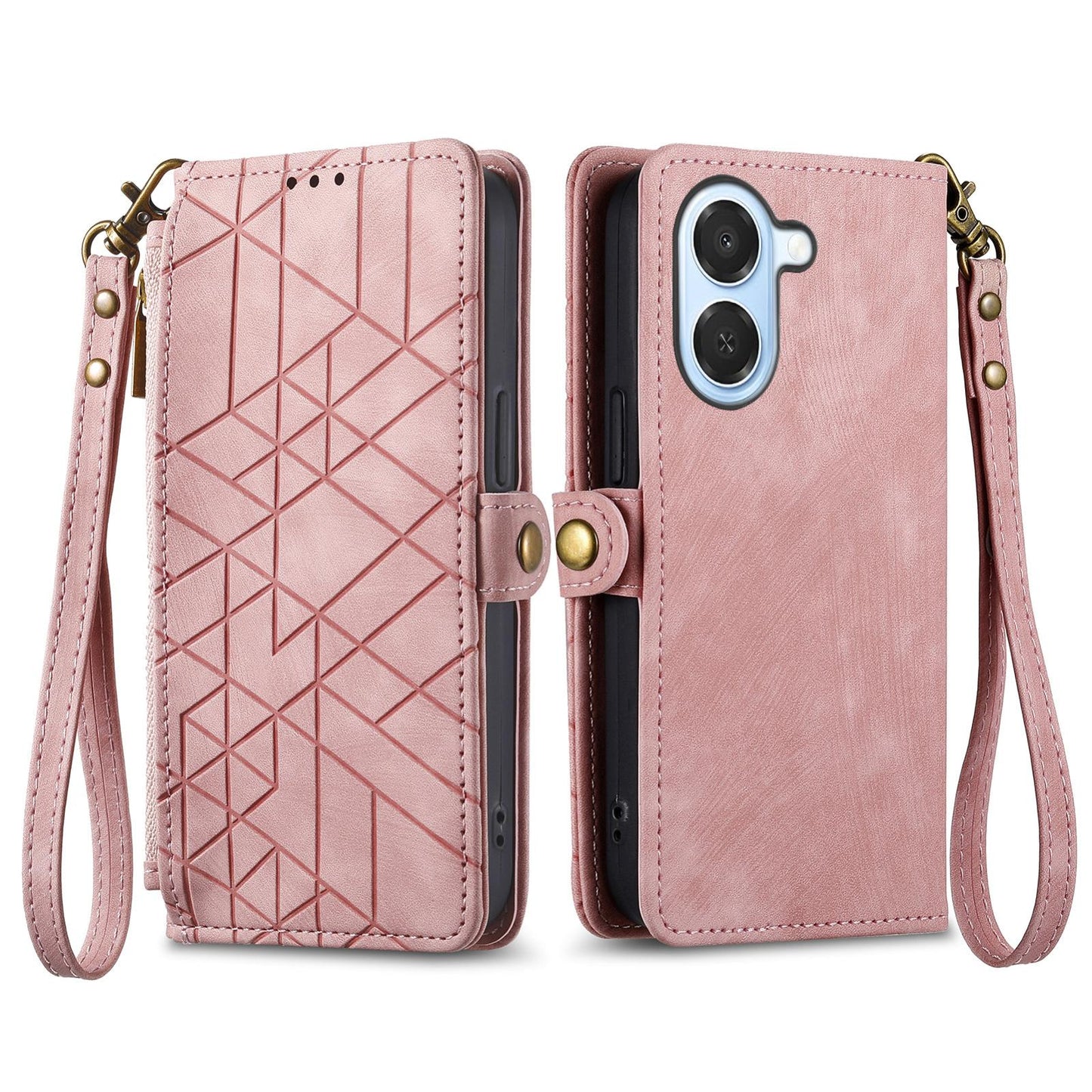 For Honor Play 80 Plus 5G Geometric Zipper Wallet Side Buckle Leather Phone Case(Pink)