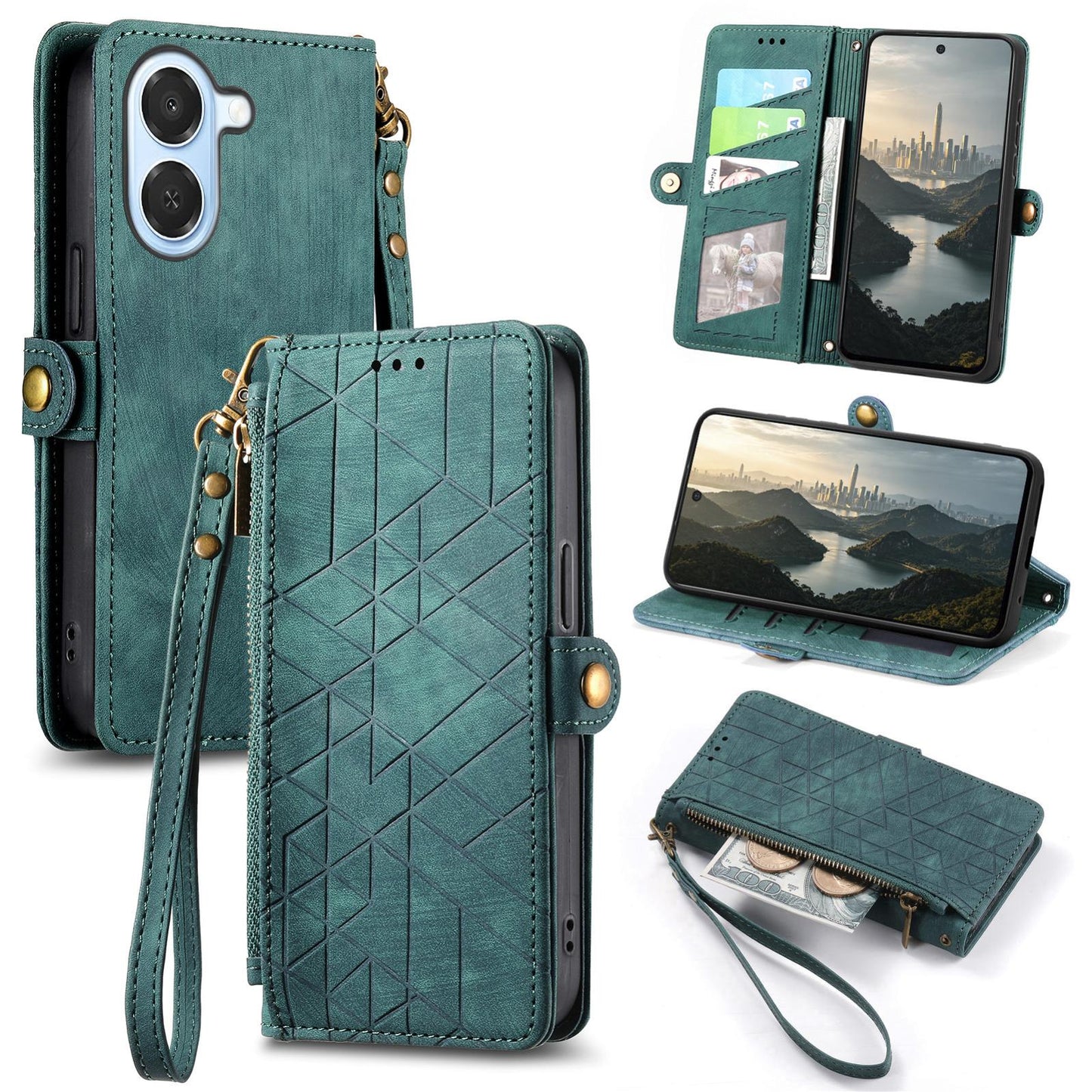 For Honor Play 80 Plus 5G Geometric Zipper Wallet Side Buckle Leather Phone Case(Green)