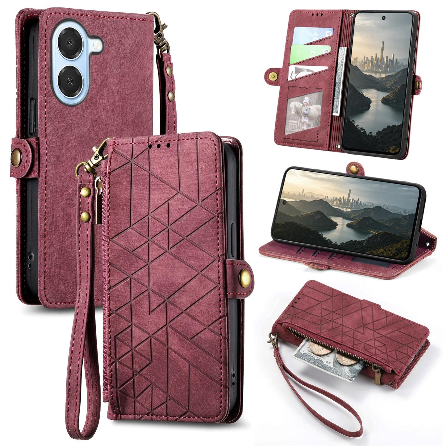 For Honor Play 80 Plus 5G Geometric Zipper Wallet Side Buckle Leather Phone Case(Red)