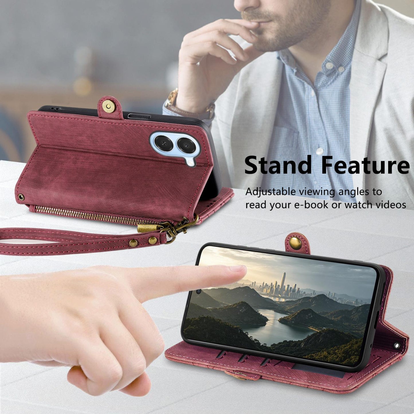 For Honor Play 80 Plus 5G Geometric Zipper Wallet Side Buckle Leather Phone Case(Red)