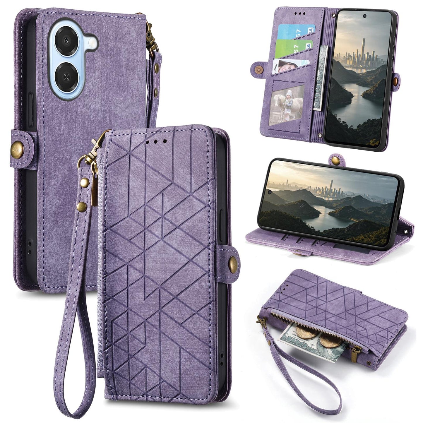 For Honor Play 80 Plus 5G Geometric Zipper Wallet Side Buckle Leather Phone Case(Purple)