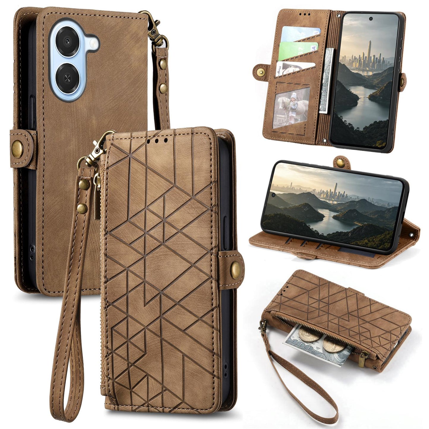 For Honor Play 80 Plus 5G Geometric Zipper Wallet Side Buckle Leather Phone Case(Brown)