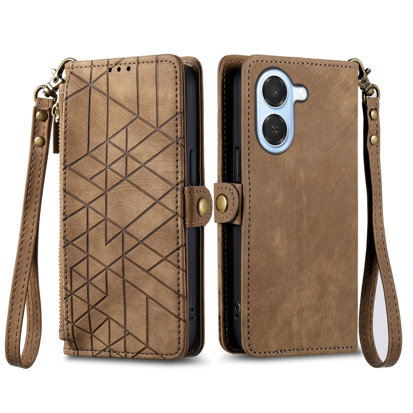 For Honor Play 80 Plus 5G Geometric Zipper Wallet Side Buckle Leather Phone Case(Brown)