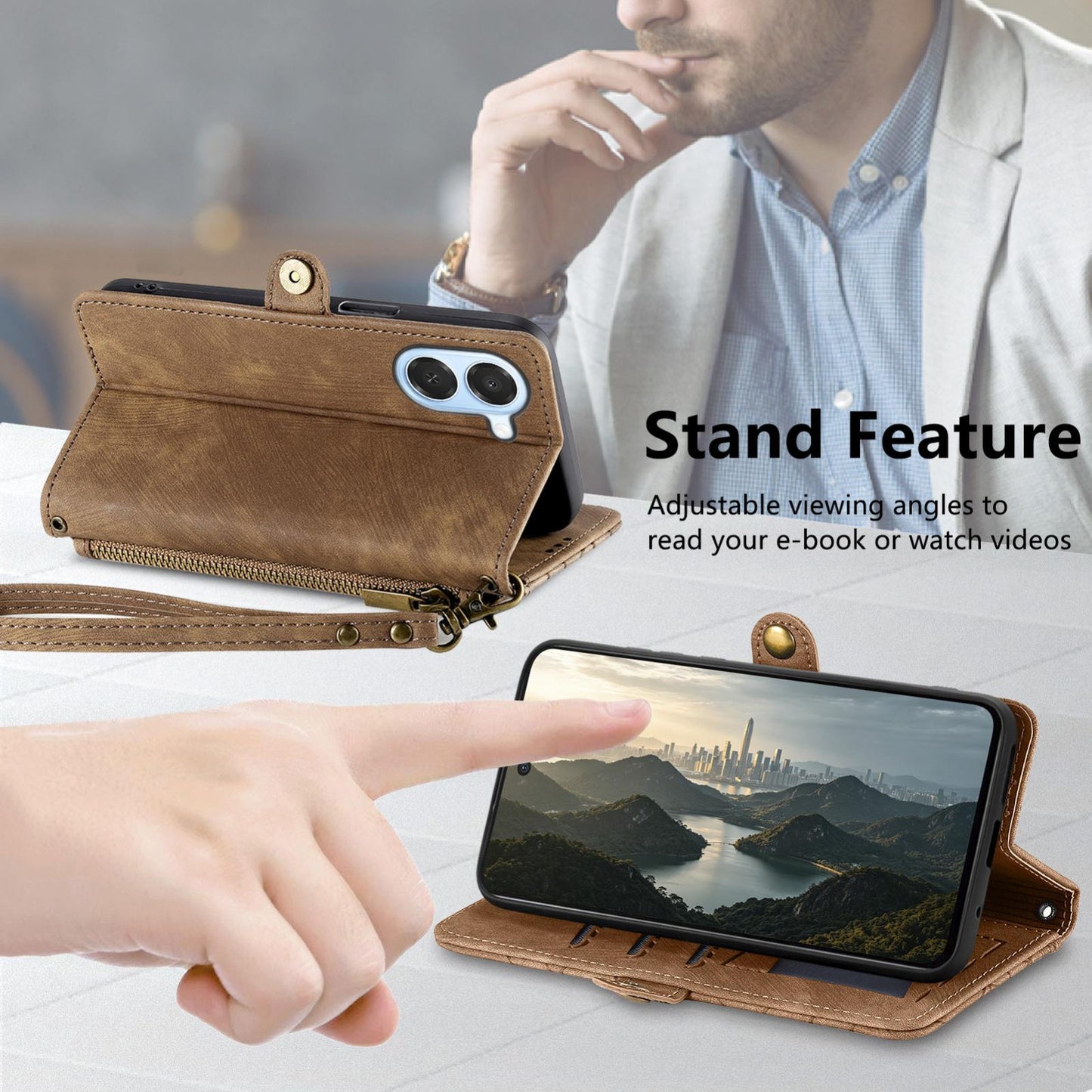 For Honor Play 80 Plus 5G Geometric Zipper Wallet Side Buckle Leather Phone Case(Brown)