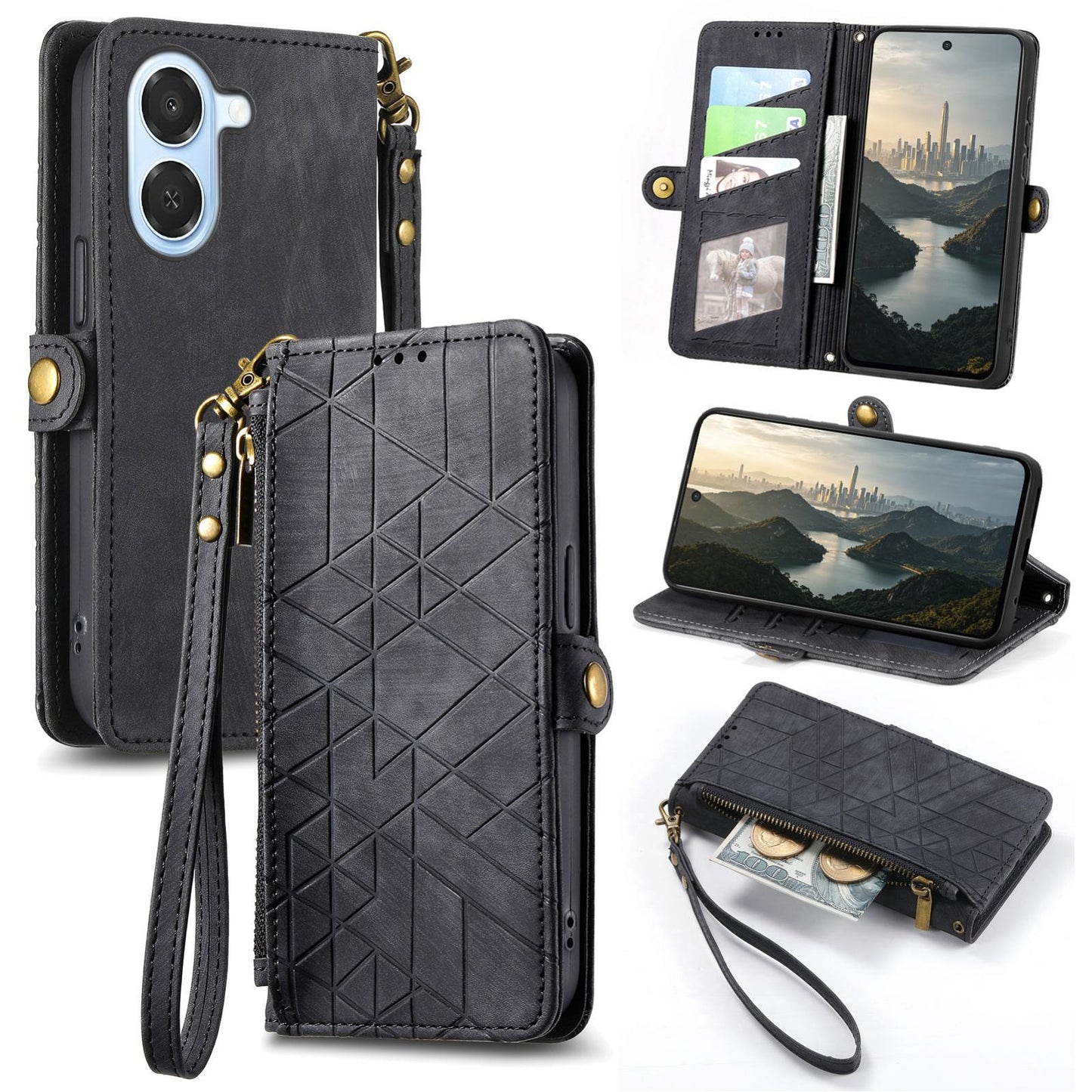 For Honor Play 80 Plus 5G Geometric Zipper Wallet Side Buckle Leather Phone Case(Black)