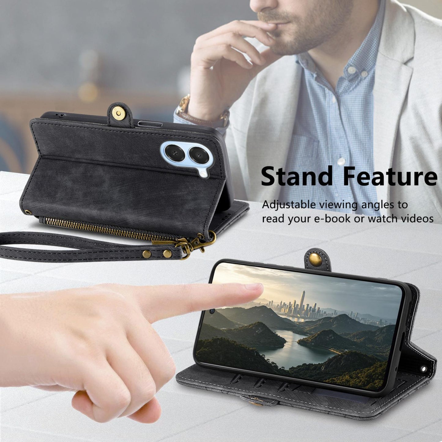 For Honor Play 80 Plus 5G Geometric Zipper Wallet Side Buckle Leather Phone Case(Black)