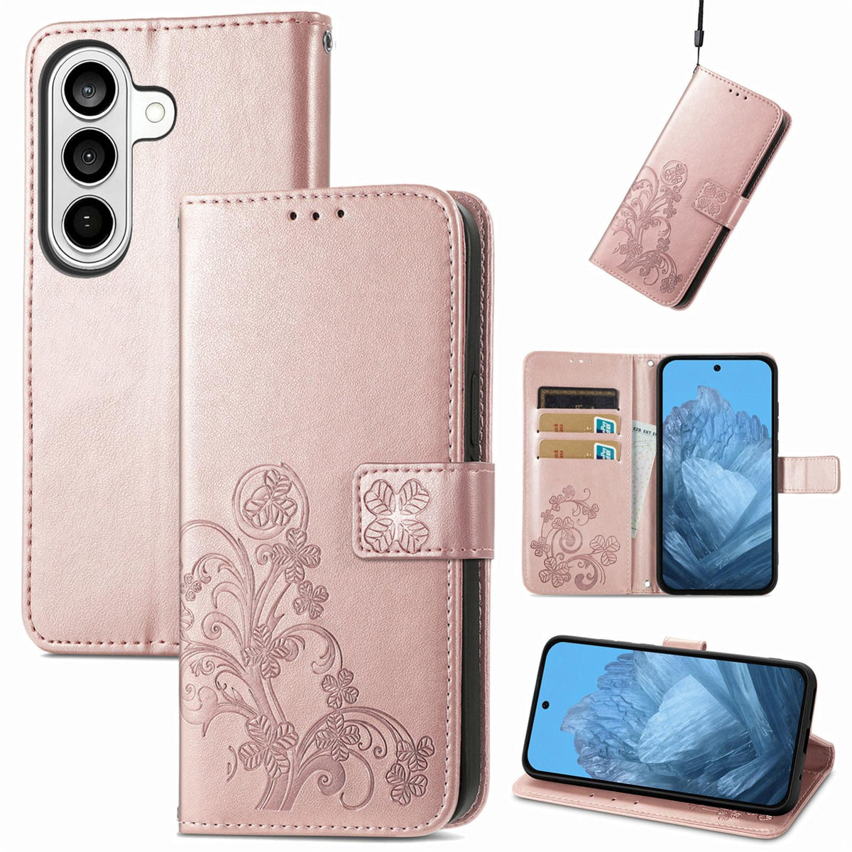 For Galaxy S26 FE 5G Four-leaf Clasp Embossed Buckle Leather Phone Case - Rose Gold - SYA002284010B