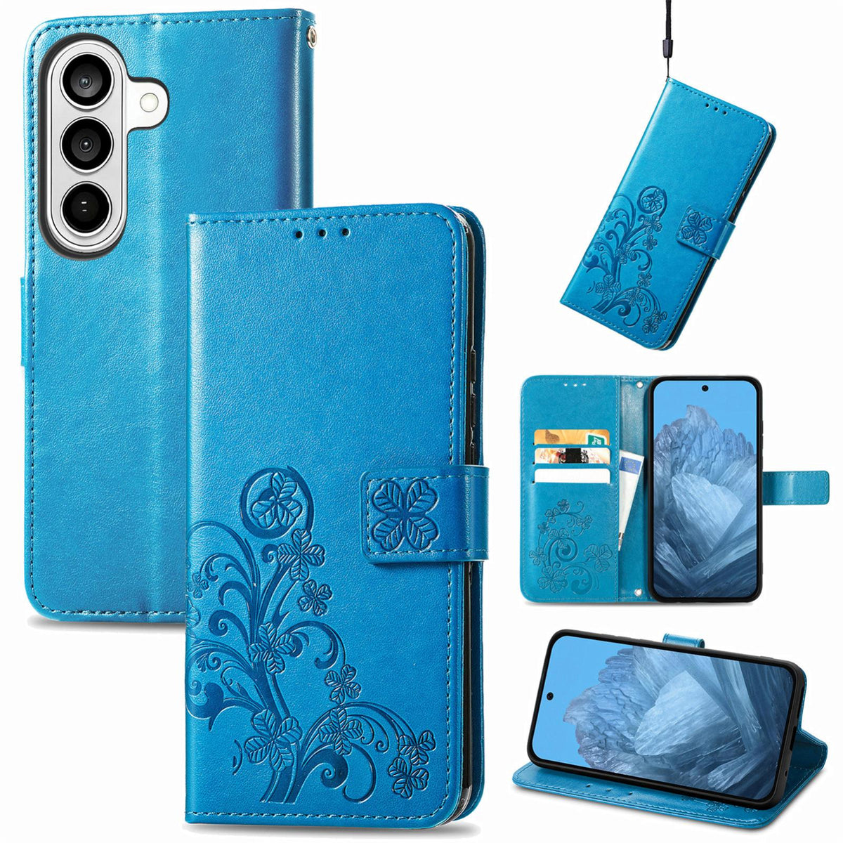 For Galaxy S26 FE 5G Four-leaf Clasp Embossed Buckle Leather Phone Case - Blue - SYA002284010C