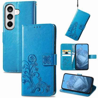 For Galaxy S26 FE 5G Four-leaf Clasp Embossed Buckle Leather Phone Case - Blue - SYA002284010C