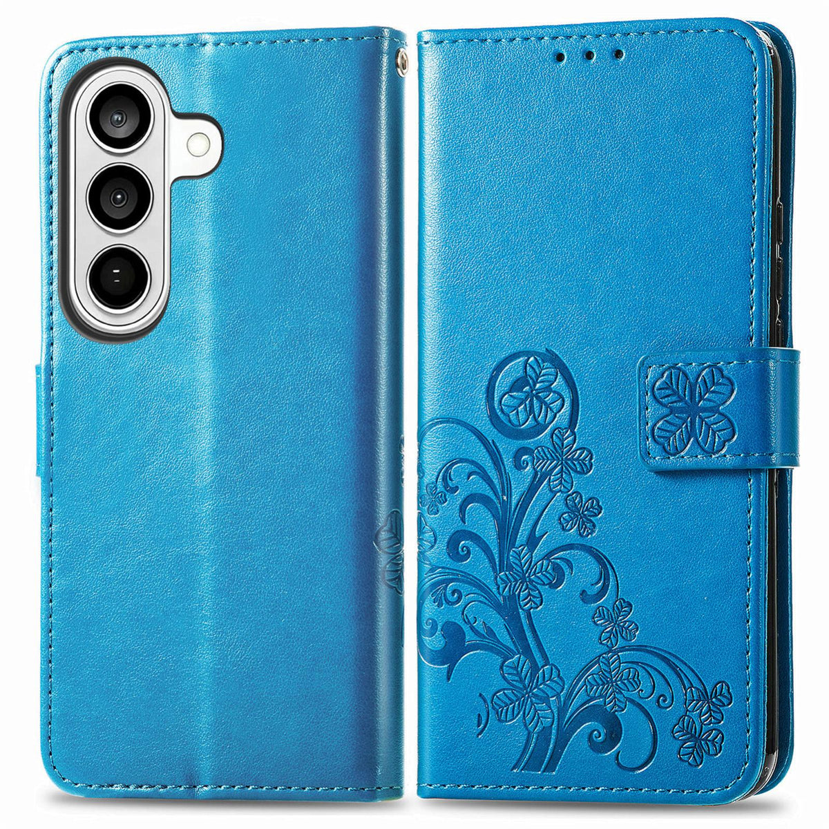 For Galaxy S26 FE 5G Four-leaf Clasp Embossed Buckle Leather Phone Case - Blue - SYA002284010C