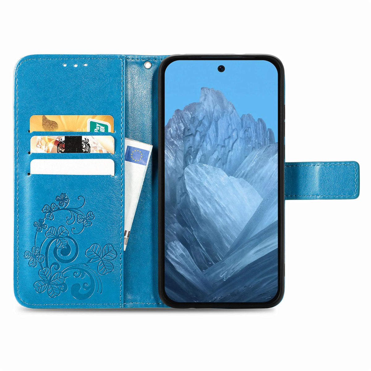 For Galaxy S26 FE 5G Four-leaf Clasp Embossed Buckle Leather Phone Case - Blue - SYA002284010C