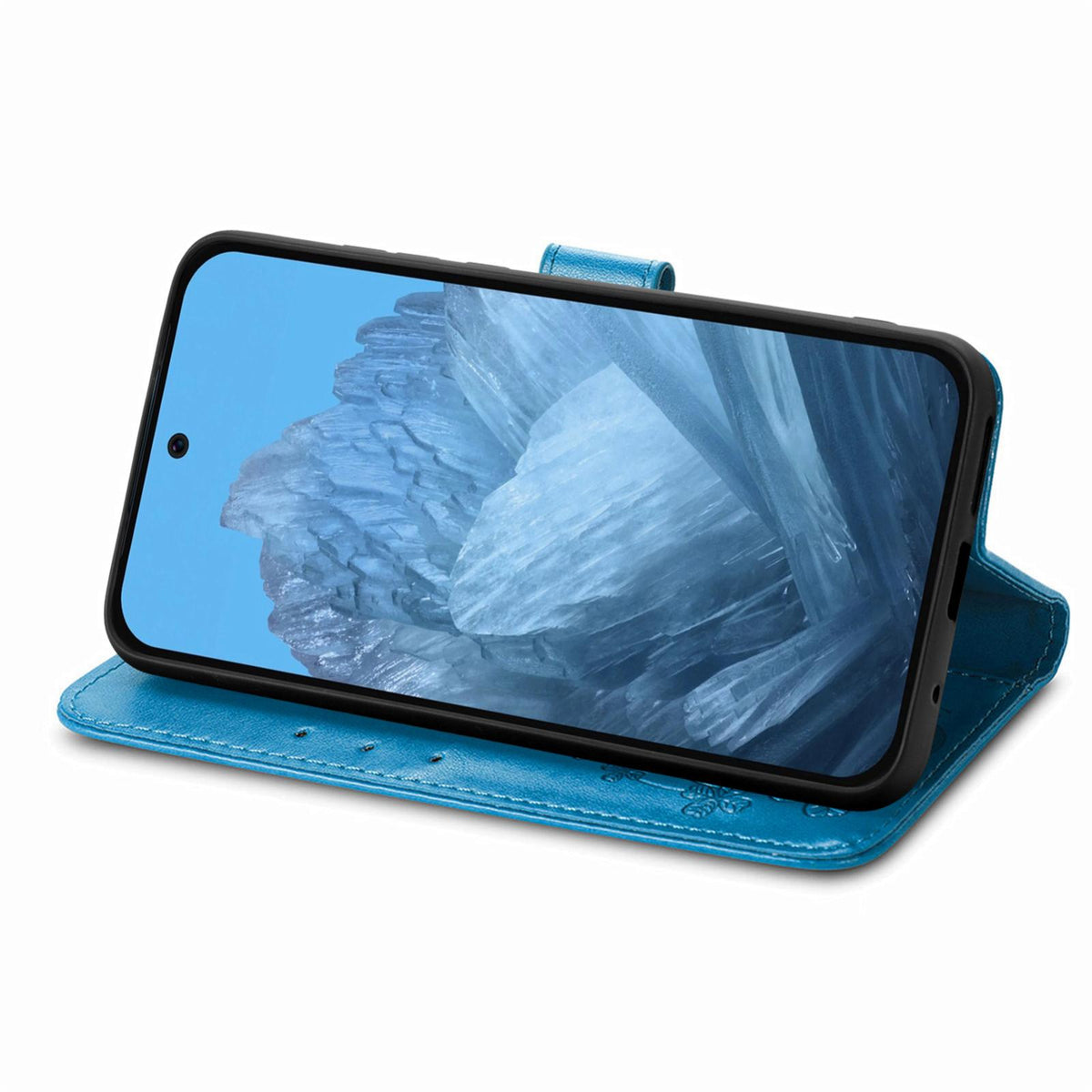 For Galaxy S26 FE 5G Four-leaf Clasp Embossed Buckle Leather Phone Case - Blue - SYA002284010C