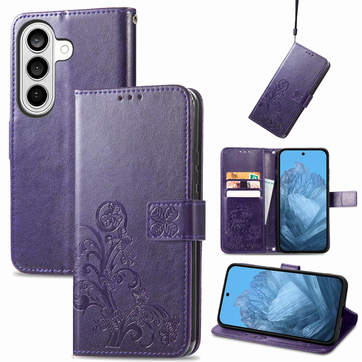 For Galaxy S26 FE 5G Four-leaf Clasp Embossed Buckle Leather Phone Case - Purple - SYA002284010D