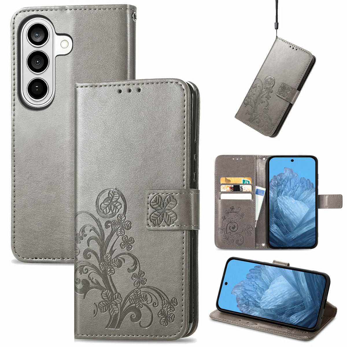 For Galaxy S26 FE 5G Four-leaf Clasp Embossed Buckle Leather Phone Case - Gray - SYA002284010E