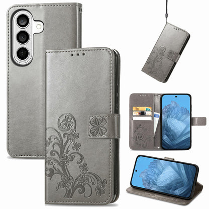 For Galaxy S26 FE 5G Four-leaf Clasp Embossed Buckle Leather Phone Case - Gray - SYA002284010E