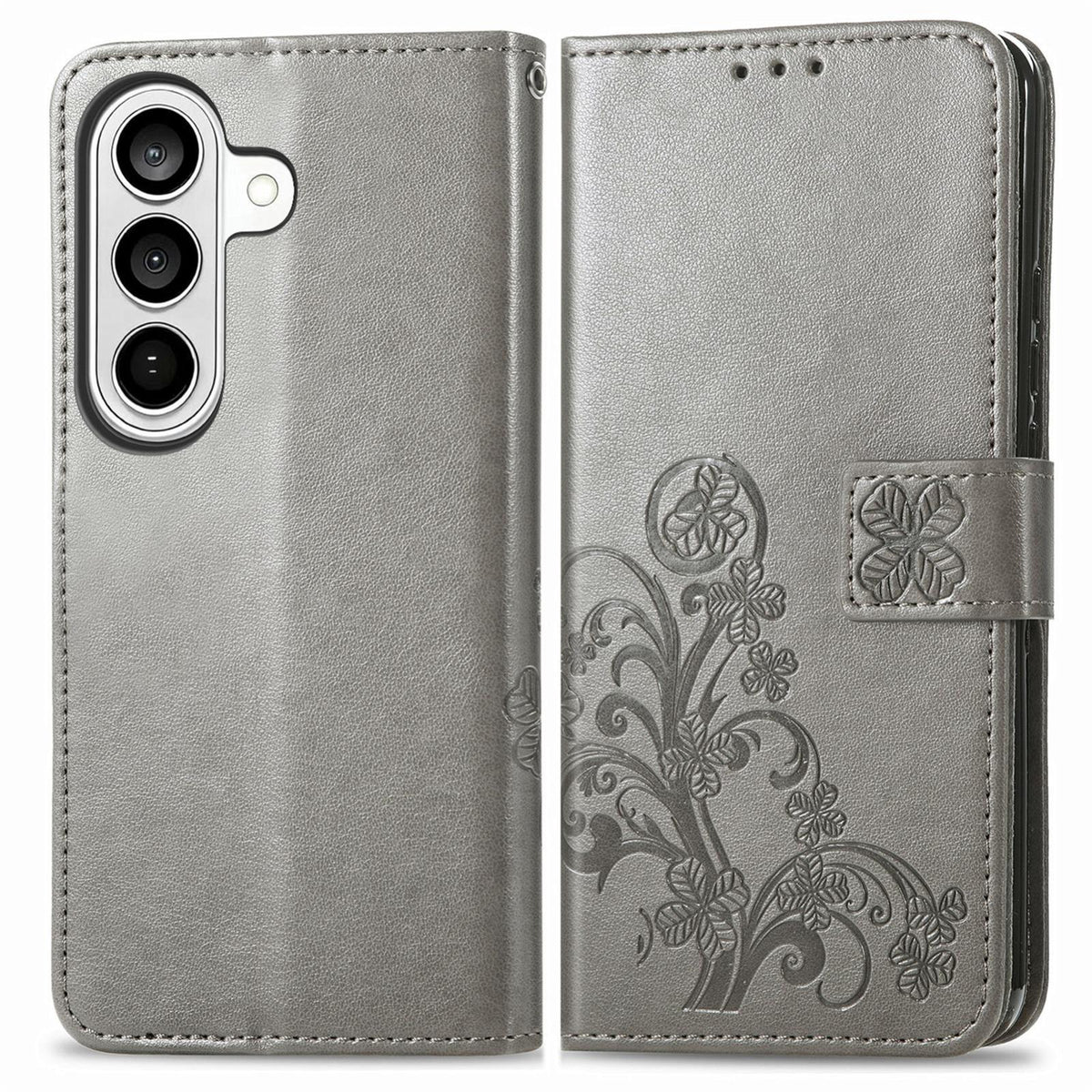 For Galaxy S26 FE 5G Four-leaf Clasp Embossed Buckle Leather Phone Case - Gray - SYA002284010E
