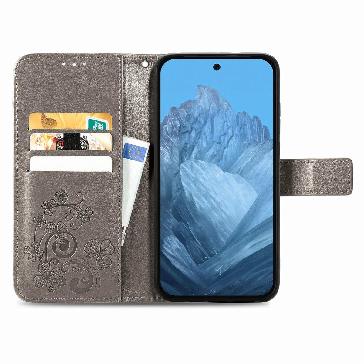 For Galaxy S26 FE 5G Four-leaf Clasp Embossed Buckle Leather Phone Case - Gray - SYA002284010E