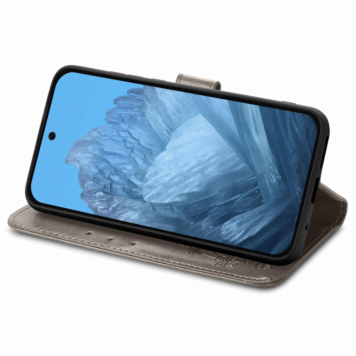 For Galaxy S26 FE 5G Four-leaf Clasp Embossed Buckle Leather Phone Case - Gray - SYA002284010E