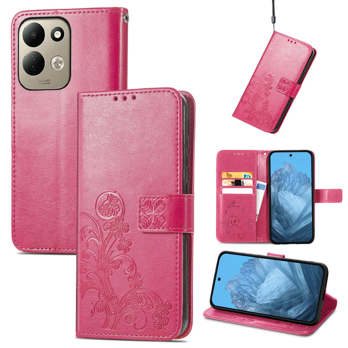For Xiaomi Poco C95 Pro Four-leaf Clasp Embossed Buckle Leather Phone Case - Magent - SYA002304702A
