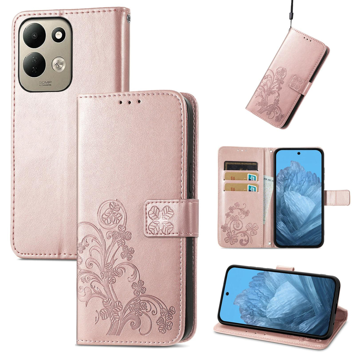 For Xiaomi Poco C95 Pro Four-leaf Clasp Embossed Buckle Leather Phone Case - Rose Gold - SYA002304702B