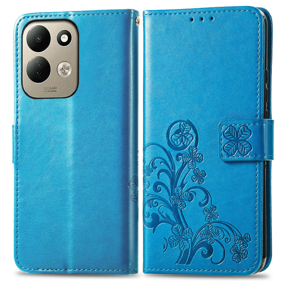 For Xiaomi Poco C95 Pro Four-leaf Clasp Embossed Buckle Leather Phone Case - Blue - SYA002304702C