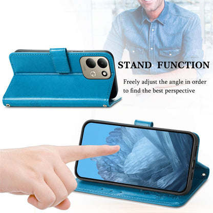 For Xiaomi Poco C95 Pro Four-leaf Clasp Embossed Buckle Leather Phone Case - Blue - SYA002304702C