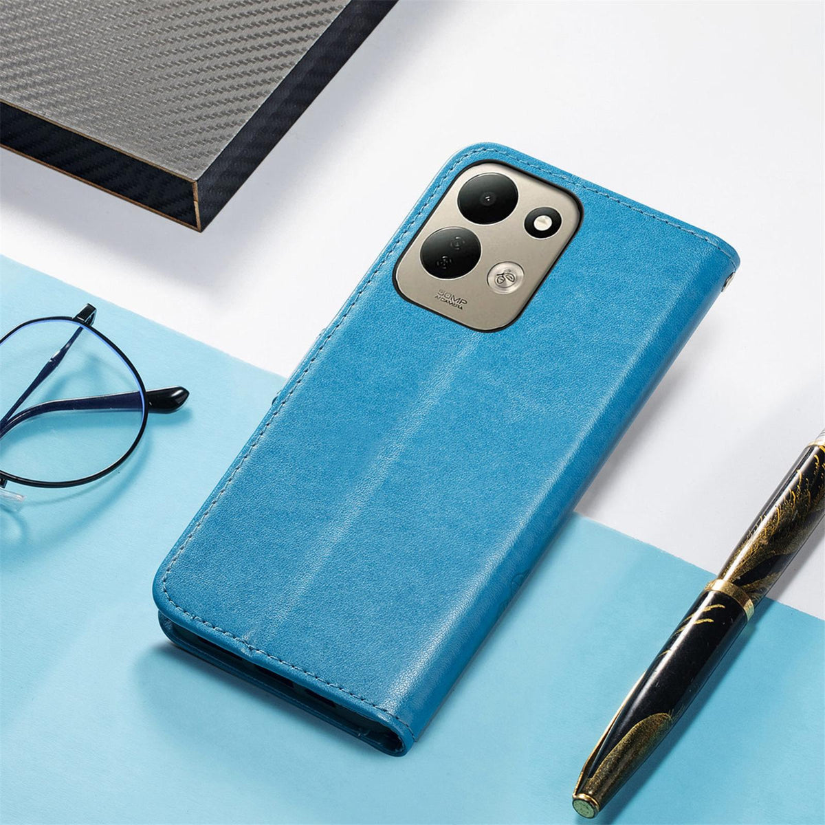 For Xiaomi Poco C95 Pro Four-leaf Clasp Embossed Buckle Leather Phone Case - Blue - SYA002304702C